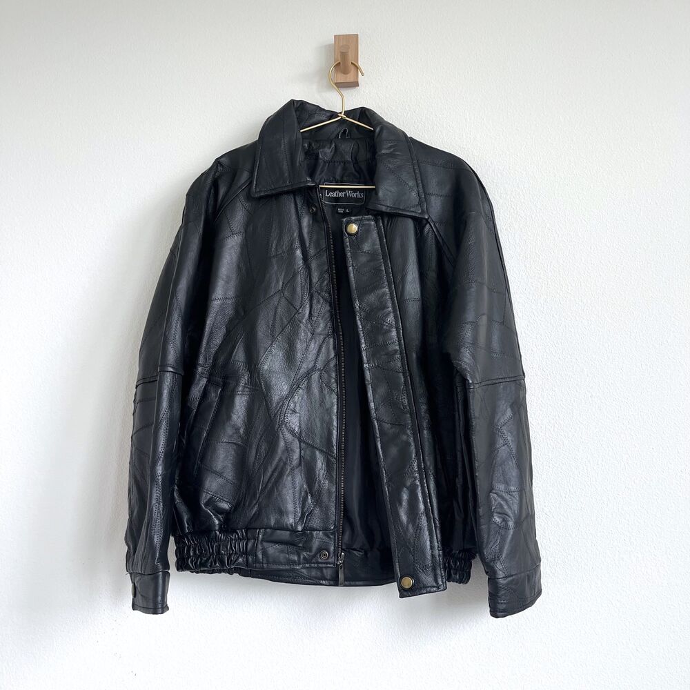 Vintage 90s Leather Patchwork Bomber Black Flight Jacket- Black - Size L